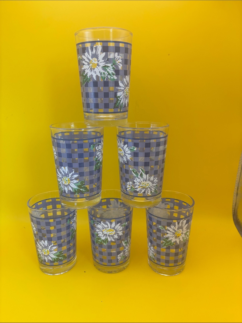 Set of 6 Floral KIG Indonesia Checkered Drinking Glasses - Blue & White